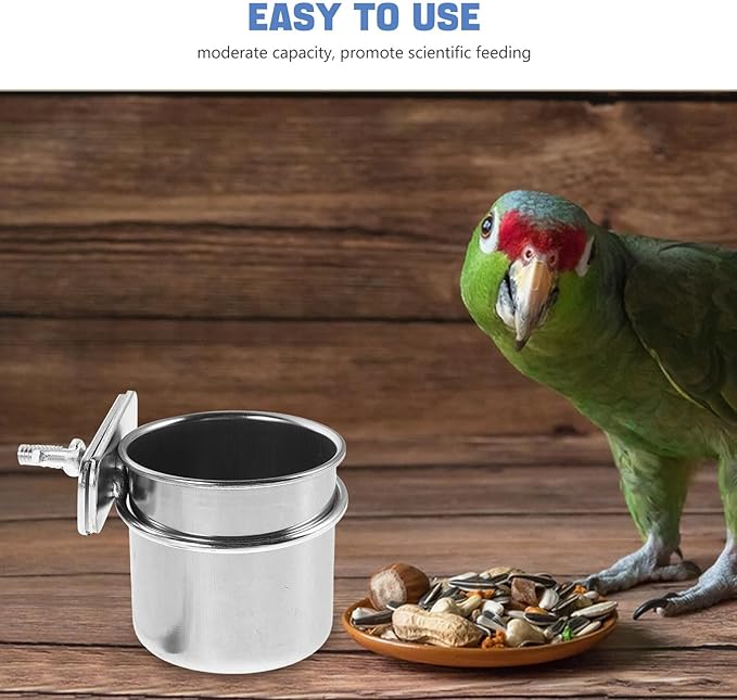 2pcs Parrot Feeding Bowls with Clamp Stainless Steel Bird Food Cup Holders 4.4cm 5.5cm for Bird Cage Feeders Suitable for Cockatiel Conure Parakeet