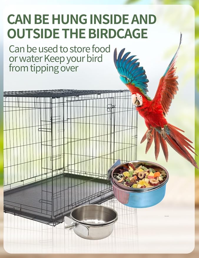 2Pack Stainless Steel Bird Feeding Bowls,Small Bird Feeding Cup Stainless Steel Parrot Food Bowl,Cage with Holder Parrot Cage Water Feeder for Pet Cage Cup Holder/Bird Owners