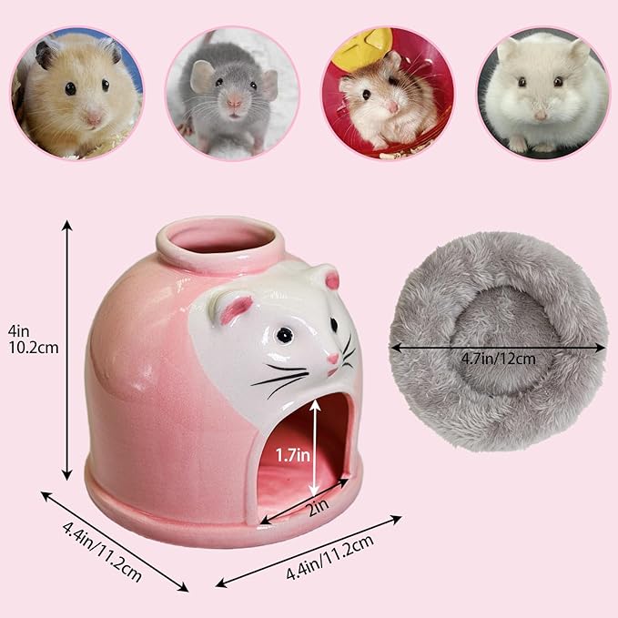 Ceramic Hamster Hideout Syrian Hamster House and Habitat Gerbil Hideaway Cooling Cave for Rat Mice Cage Decor Accessories (Pink)