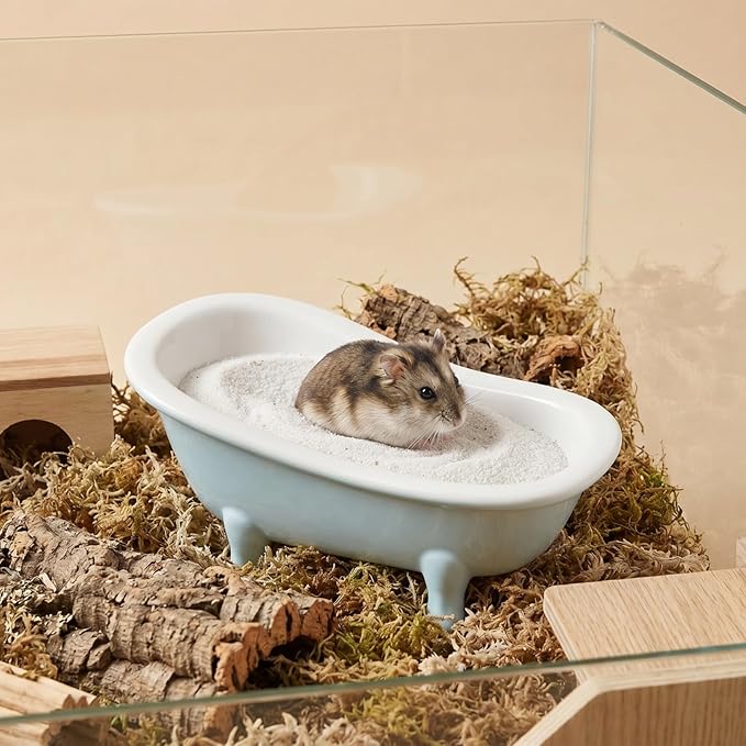 Abaodam Cute Hamster Bed Chinchillas Food Bowl Blue Ceramic Mini Bathtub Small Animal Ice Bathtub for Ceramic Hamster Guinea Pig Bathroom Sand Bath Holder Container Accessories Cage Toys