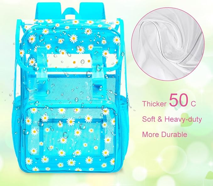 17" Daisy Clear Backpack for Girls - 3Pcs Flip Design Stadium Approved Set, Waterproof Campus/School Transparent Bookbag (Blue)