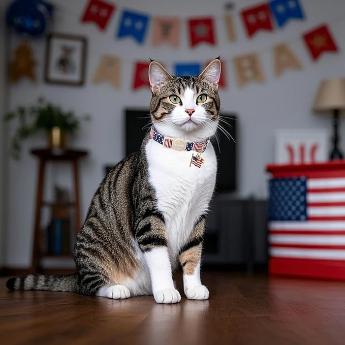 2 Pack American Flag Cat Collars Breakaway with Bell, DOGWONG Safety Buckle Independence Patriotic Cute Cat Collar for Girl Boy Cats，Adjustable 7-12 Inch