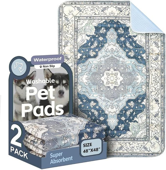 Washable Pee Pads for Dogs, 2 Pack Reusable Puppy Training Pads 48"x48" Super Absorbent Waterproof Dog Training Pads, Non-Slip Potty Pads, Whelping Pads Litter Mat Navy & Ecru