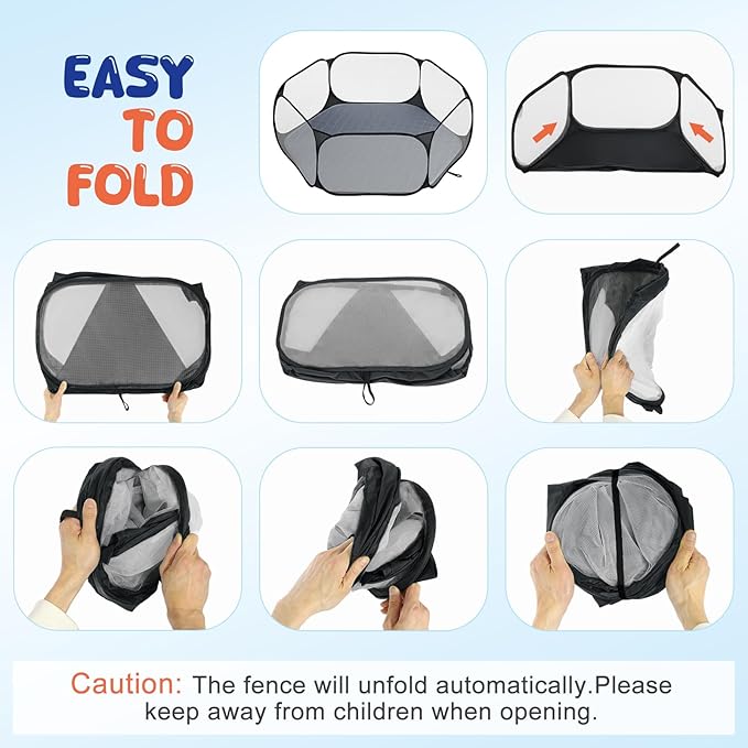 Pawaboo Small Animals Playpen with Pad, Waterproof Small Pet Cage Tent with Reusable Pad, Portable Outdoor Yard Fence for Chick/Kitten/Puppy/Guinea Pig/Rabbits/Chinchillas, Black/Gray