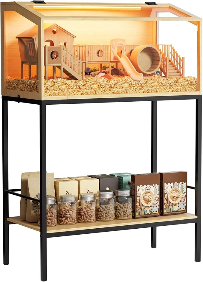 Hamster Cage: Wooden Small Animal Cage with Warm Light and Storage Shelf - 32” Large Clear Hamster House Chewy Proof with Openable Breathable Top