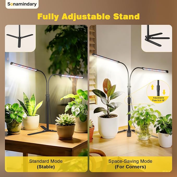 LED Grow Lights for Indoor Plants, Tripod Stand, Dual Head | 120 LEDs, Upgraded 9V System, 9.8-35 in Adjustable Tripod, 5700K Full Spectrum, CRI 90+, 4/8/12H Timer, 5 Brightness Levels