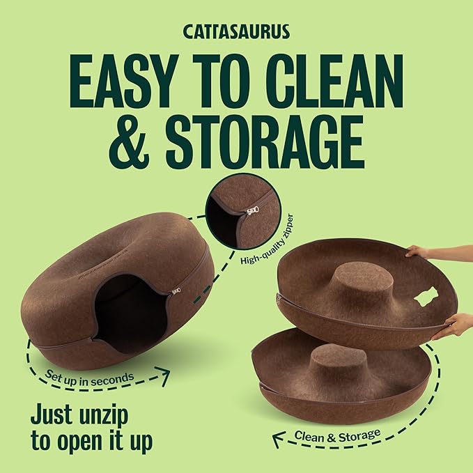 Cattasaurus Peekaboo Cat Cave Donut for Multiple & Large Cats up to 30-45 lbs, 3-in-1 Self Warming Cat Bed, Tunnel & Scratcher for Indoor Cats, Washable & Detachable Small Dog Bed (Brown, Jumbo)
