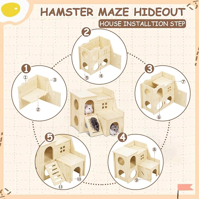 BreezeHug 6 Pcs Hamster Wooden Hideouts Hamster Houses Feeder and Waterer Chinchillas Chew Cage Accessories Activity Enrichment for Rats Gerbils Small Animals Habitat
