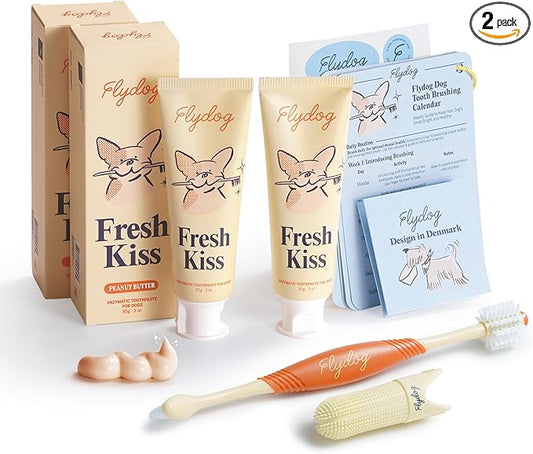 FlyDog Fresh Kiss Dog Tooth Brushing Kit - Vet Approved Formula, Enzymatic Dog Toothpaste and Brush - Breath Freshener & Tartar Remover, 360° Toothbrush & Finger Brush, Dental Guide, Peanut Butter