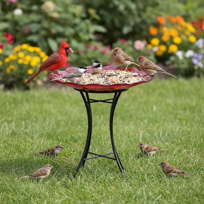 HONGLAND Bird Bath for Outside,15" Diameter Large Glass Birdbaths for Outdoors,Detachable Bird Baths Bowl with Metal Stand for Garden Patio Lawn Decor,19" Height - Red