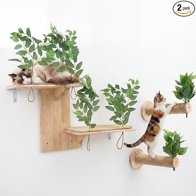 Novabright 3 Pcs Cat Wall Shelves Set, Double-Layer Platform Cat Wall Furniture & 2 Wood Scratching Steps, Wall-Mounted Space-Saving Climbing System for Indoor Kitty, Easy Install