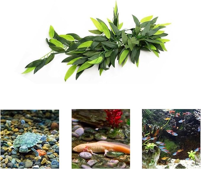 Artificial Aquarium Plants Plastic, Reptile Plants Hanging Silk Terrarium Rattan Ornament with Suction Cup (Green)