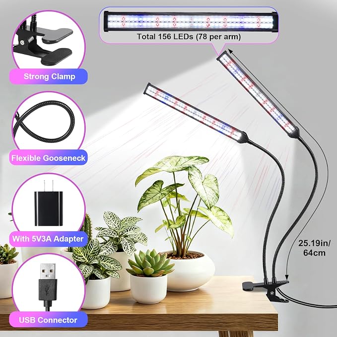 Indoor Clip-on Plant Growth Light, Full Spectrum Grow Light with 156 LEDs, Flexible Gooseneck and 4/8/12H Timer, 3 Spectral Modes, 10 Levels of Dimming, Suitable for Seedlings and Succulent Seeds