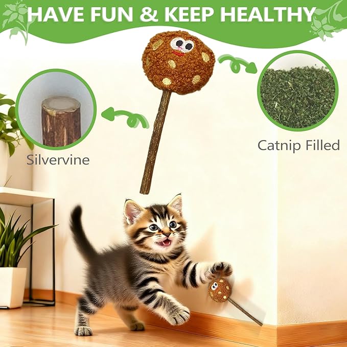 Silvervine Sticks for Cats (3-Pcs), Catnip Lollipop Cat Toy for Indoor Cats, Natural Cat Chew Toys for Kitten Teething and Teeth Cleaning