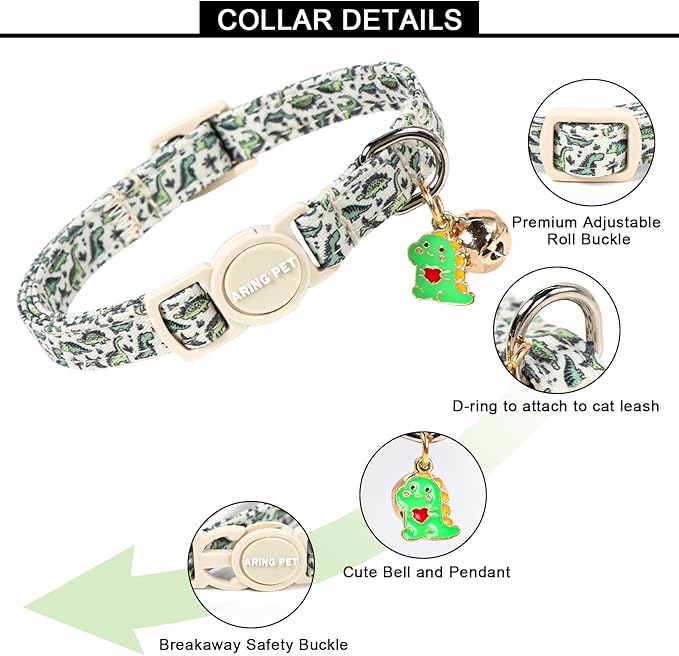 ARING PET 2 Pack Cat Collars with Bell, Cute Soft Cotton Kitten Kitty Breakaway Summer Cat Collars for Boy Girl Cats-Dinosaur & Green Soccer