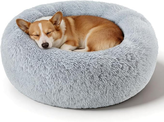 Dog Calming Beds for Small Medium Dogs - Round Donut Washable Dog Bed, Anti-Slip Faux Fur Fluffy Donut Cuddler Anxiety Cat Bed(Light Grey 32")