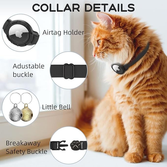 AirTag Cat Collars, Stretchy Collar with Apple AirTag Holder and Bell, Breakaway Ultra Design Elastic GPS Tracking Collars for Cats and Puppies, (7.5-12.5 Inch), Black