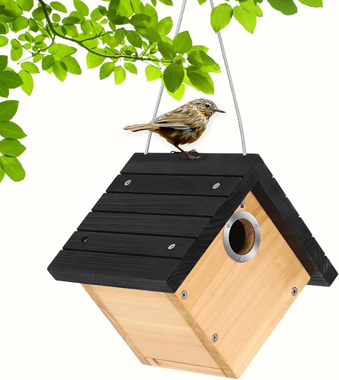 Gtongoko Hanging Wren Bird Houses for Outside, Cedar Wooden Bird Houses for Outdoors, Bird Nest with Air Vents, 1-1/8"Entrance Hole, Clean Door for Wildbird Watching, 1 Pack Black