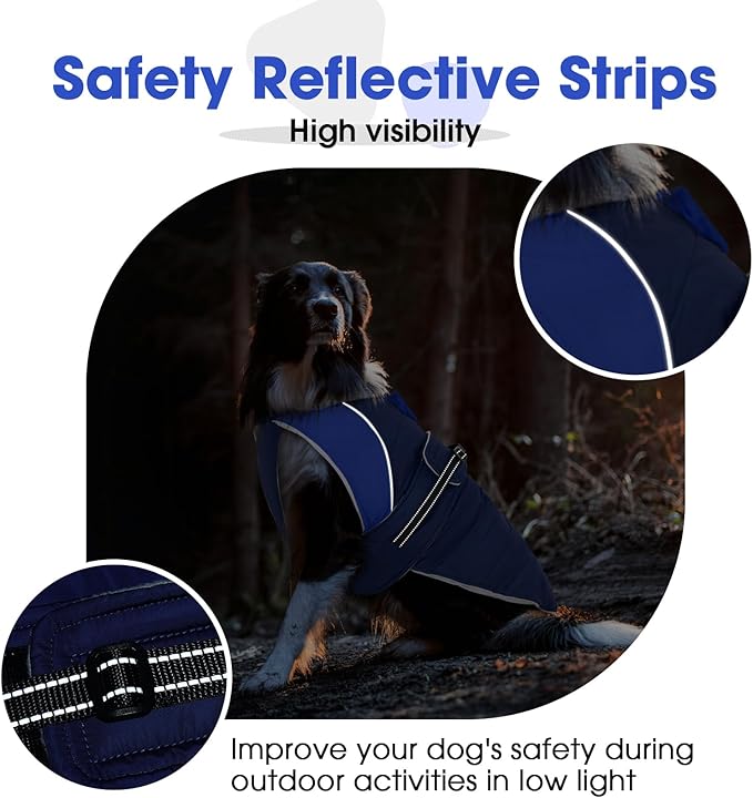 Nanaki Warm Fleece Lined Winter Coat Jacket Vest for Dogs, Waterproof Reflective Dog Snowsuit with Leash Hole, Furry Collar Medium Puppy Coat for Outdoor Walking Hunting, Easy On Pet Snowsuit Blue XL