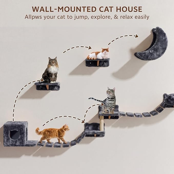 Cat Wall Shelves, Wall Mounted Cat Shelf Furniture with Plush Fabric(13 Piece Set), Cats Furniture with Moon Hammock, Condos, House, Steps, Bridge Ladder, Scratching Post, Grey