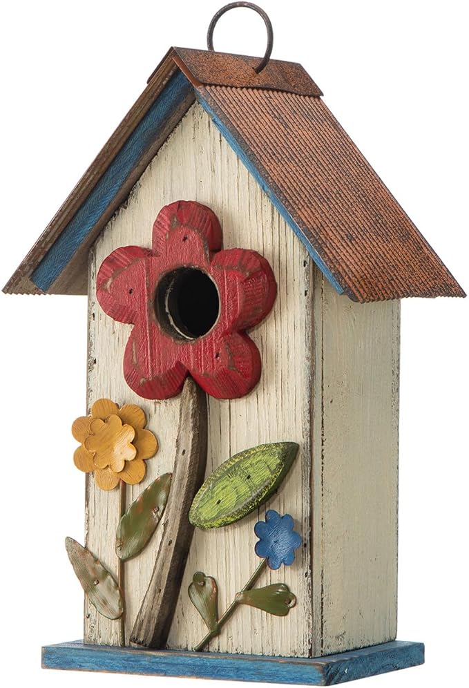 Glitzhome Hanging Bird House for Outdoor,10.2" H Patio Garden Decorative Birdhouse Pet Cottage Wooden Distressed Birdhouse with 3D Flowers for Bluebird,Hummingbird,Sparrow,Wren Finch, Washed White