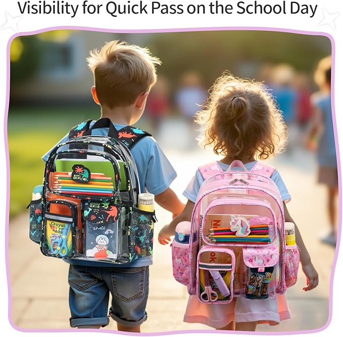 Clear Backpack for Girls - 15 Inch Heavy Duty Transparent Kids Backpacks for School, PVC Bookbag with 3 Front Pockets for Kids Aged 3 to 8, Pink Unicorn