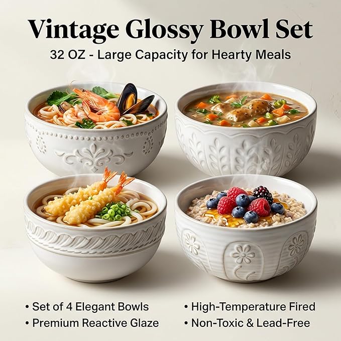 Artena Soup Bowls 32 OZ, Cereal Bowls Set of 4, White Embossment Ceramic Ramen Bowls for Dinner, Salad, Pho, Noodle, Pasta, Snacks, Dishwasher Microwave Safe, 6.3 Inch, Wheat Leaf