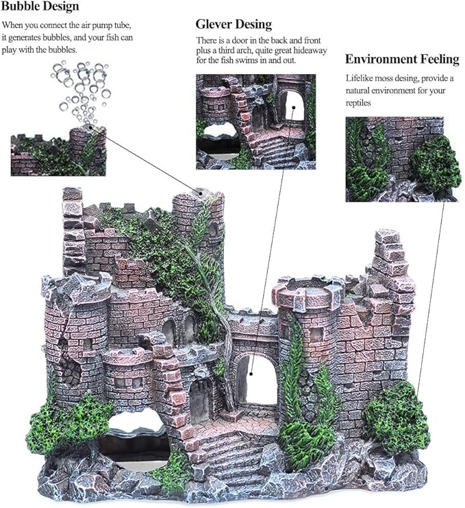 fazhongfa Aquarium Castle Air Bubbler Fish Tank Decorations for Betta Fish Ornament Small and Medium Fish Accessories Decor Betta House Toys (Air Pump is Not Include)