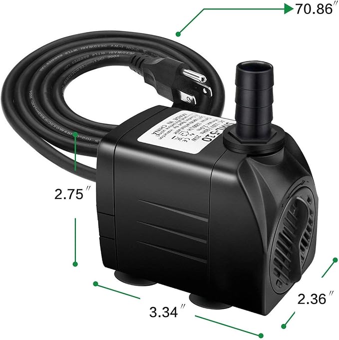 Jhua Water Fountain Pump 300GPH (1100L/H, 21W) Submersible Water Pump, Ultra Quiet Fountain Pumps Submersible Outdoor with 5.9ft Power Cord, 3 Nozzles for Aquarium, Tank, Pond, Statuary, Hydroponics