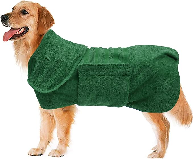 Geyecete Dog Drying Coat - Fast Drying Dog Bathrobe Towel - Microfibre Super Absorbent Pet Cat Bath Robe, Luxuriously Soft Green M