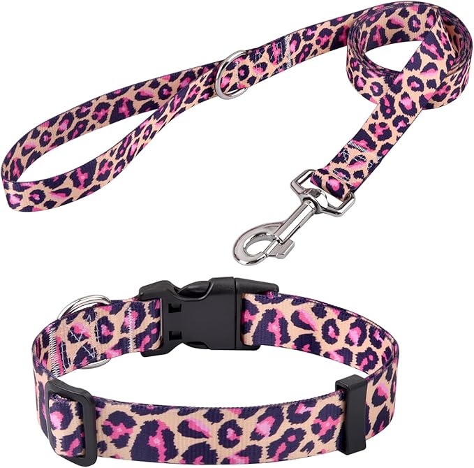 Mihqy Dog Collar and Leash Set with Bohemia Floral Tribal Geometric Patterns - Soft Ethnic Style Collar Adjustable for Small Medium Large Dogs(Pink Leopard Set,L)