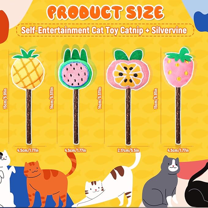 Ptwola 4 Pcs Natural Fruit Silvervine Sticks Cat Kittens Chew Toys Indoor Lollipops Interactive Cat DentalTeething Nip Treat Toys Care Teeth Cleaning for Bored Essentials Increase Appetite Kicker
