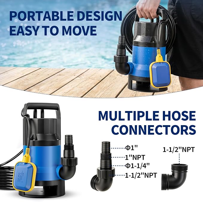 1.1HP Submersible Sump Pump, 4600 GPH Electric Water Pump with Automatic Float Switch, Portable Utility Pump for Pool Draining, Basement, Outdoor Ponds, 16 FT Cord