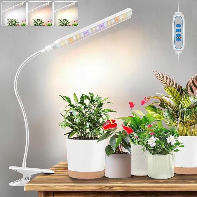 Kullsinss Clip-on Grow Lights for Indoor Plants, 57 LEDs 10W Plant Light | Full Spectrum Growing Lamp with Timer & Dimmable, White Gooseneck Plant Lamp for Succulents, Seed Starting, Easy to Use & Set