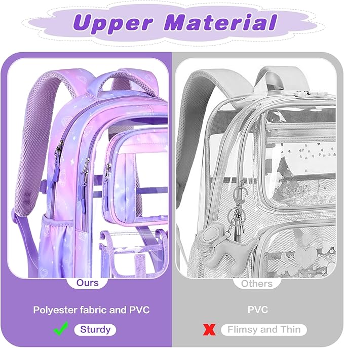 PAMANO Clear Backpack for Girls, Heavy Duty Transparent Bookbag for Kids, See Through Cute Backpacks for Elementary Primary School Work Sport Travel - Purple