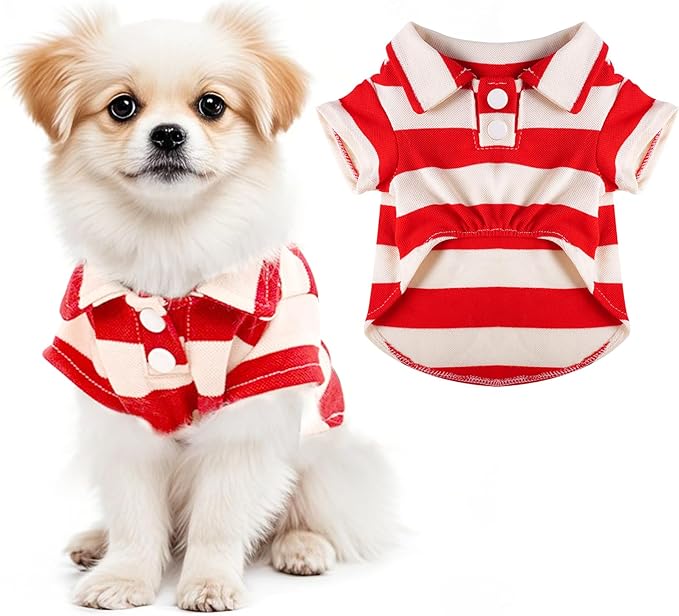 Dog Shirt Polo Shirt Striped Collar Puppy Clothes Summer Button Up Pet Clothes for Small Medium Dogs Cats for Boy Girl Pets (Red, Small)
