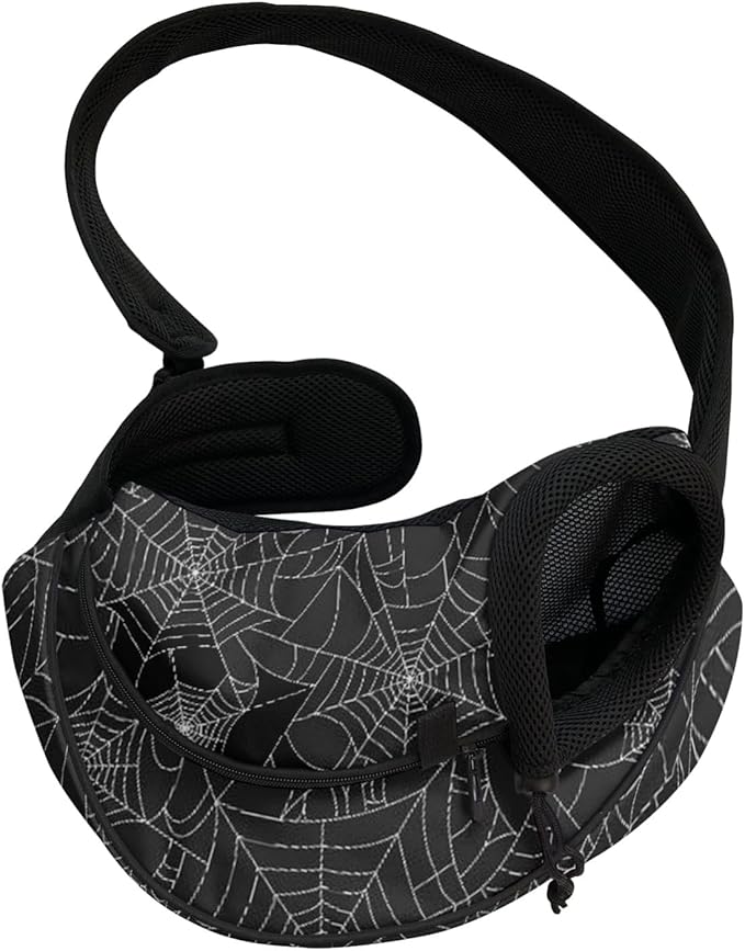 FUSURIRE Spider Web Small Dog Sling Carrier for Small Pets, Cats and Puppies, Breathable Mesh Halloween Front Pack Hands-Free Carrier Bag with Adjustable Shoulder Strap for Outdoor Travel