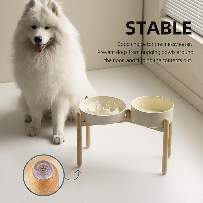 Havniva 3.2 Cup Ceramic Raised Slow Feeder Dog Bowl Set, Elevated 8.2inch Bowl and 9.5inch Puzzle Slow Food Dish with Wooden Stand for Large Dog, Anti-Gulping (2 xLight Yellow+ Stand)