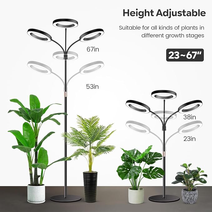 Floor Grow Light, 3 Head Full Spectrum with Base, for Large Plants | 252 LEDs 6000K Plant Light,12V,23''-67'' Height Adjustable,3 Color Modes & 5 Dimmable,Timer 6/12/16H,Flexible Gooseneck