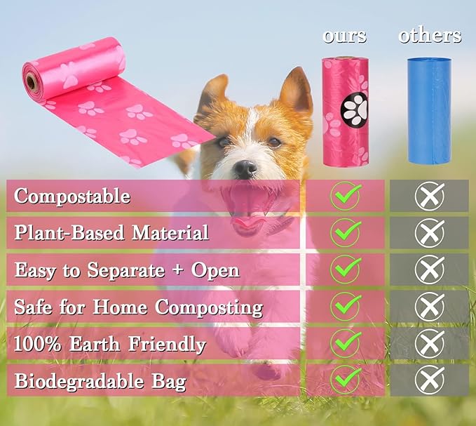 WDFAACK Biodegradable Dog Poo Bags with Holder-240 Large Poop Bags, Corn Starch Blended Compostable Bag, Extra Thick Strong Leak Proof Waste Bag for Dogs (Pink)