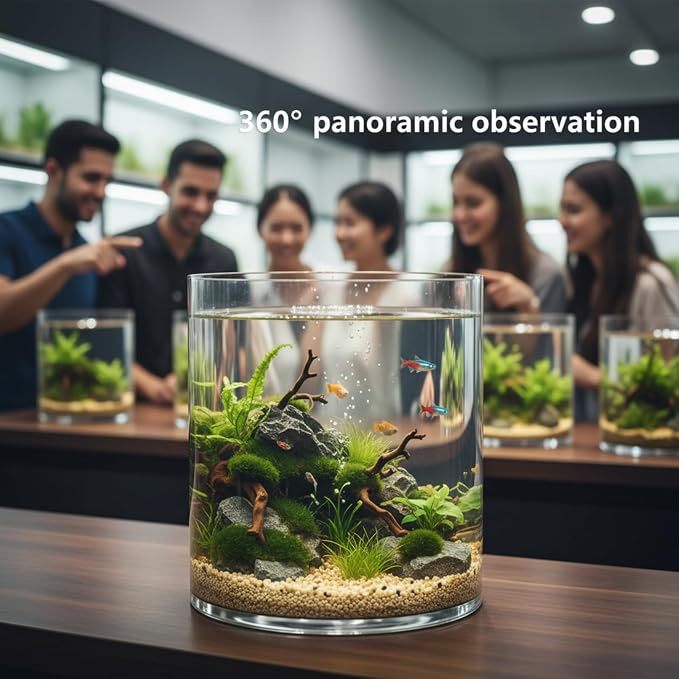 2.5 Gallon Cylindrical Glass Fish Tank Solid Base, 360° Full View Desktop Aquarium Starter, Easy to Maintain Small Microfauna for Betta Snails Shrimp Aquatic Planting and Small Plant Terrarium