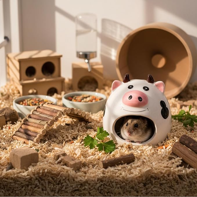 Hypeety Small Animal Hideout Ceramic House Critter Bath House Cave Mini Hut Cage for Dwarf Hamster (White)