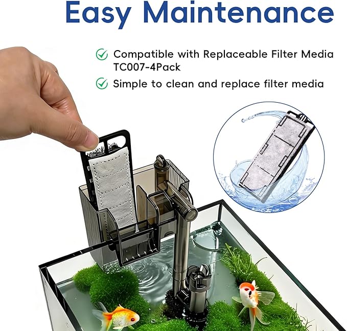Compact Hang-On Back Aquarium Filter 53 GPH for Up to 10 Gallons Fish Tank USB Powered HOB Filter with Surface Skimmer, Adjustable Flow, Replaceable Media & Fish-Safe Intake