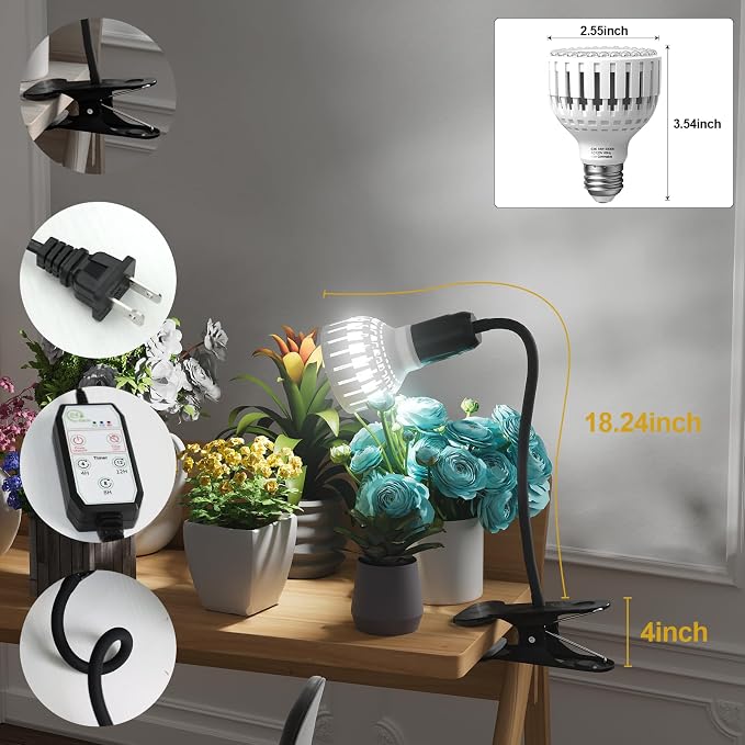 Grow Light,24W (160Watts Equiv) 5000K White Full Spectrum LED Growing Lamp Clip on Desk for Indoor Plants,Bulbs Replaceable & Non-dimmable (Black, 80W)