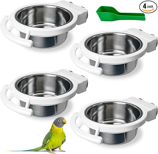 BNOSDM Hanging Stainless Steel Bird Bowls 4 PCS Bird Feeding Dish Cups with Perch Stand Parrot Food Container Food and Water Bowls with Spoon for Budgie Cockatoo Finch Lovebirds Pigeons (White)