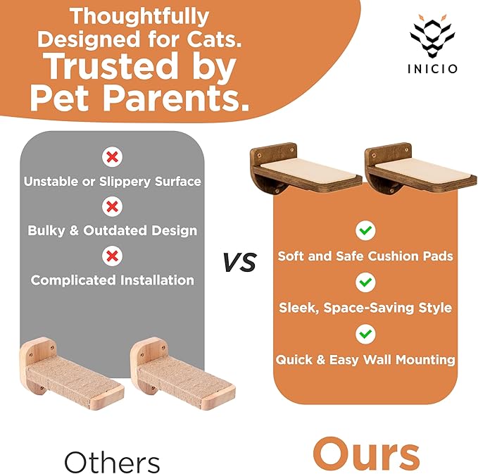 INICIO Cat Wall Stairs - Set of 3 Wall Steps for Cats to Climb with Fixtures, 8.7"x4.7" - Floating Steps for Climbing or Playing - for Kittens and Adult Cats, Dark Brown