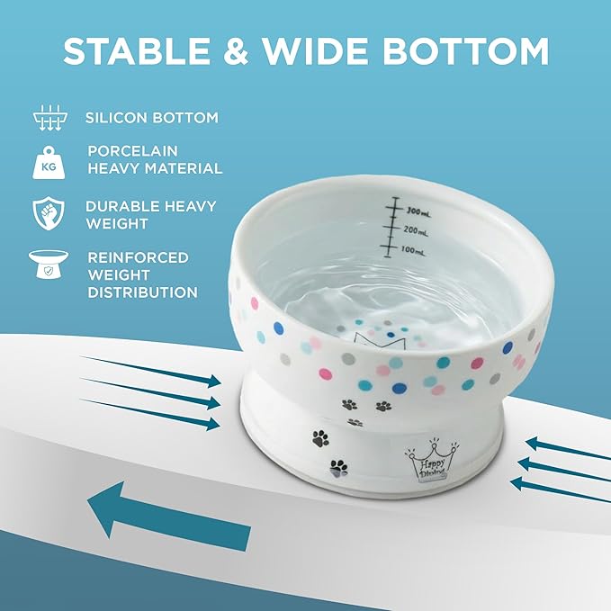 Necoichi Elevated Cat Water Bowl – Ceramic Raised Cat Bowl, Prevents Neck & Whisker Fatigue – Dishwasher & Microwave Safe – Pet Water Bowl for Cats (Colorful Dots, Regular)