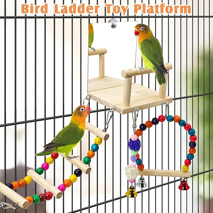 BNOSDM Bird Perch Platform with Mirror, Wooden Climbing Ladder for Parakeet, Small Bird Swing Toys with Hanging Chewing Balls Parrot Cage Accessories Budgie Playground for Cockatiel, Lovebird, Conure