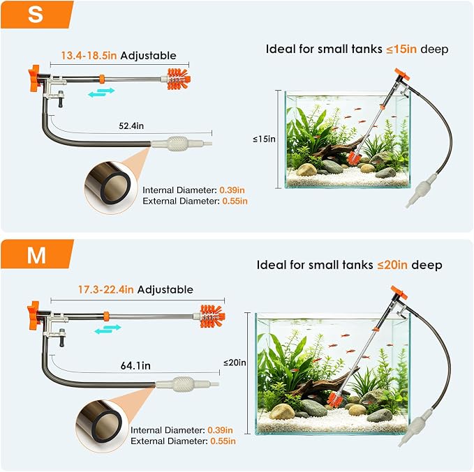 Aquarium Siphon Gravel Cleaner Manual Water Changer Kit, Medium | 4.8 Ft Water Hose Fish Tank Vaccum Cleaning Tools, Adjustable Flow & Extendable Handle for Tank Up to 20 Inch Deep