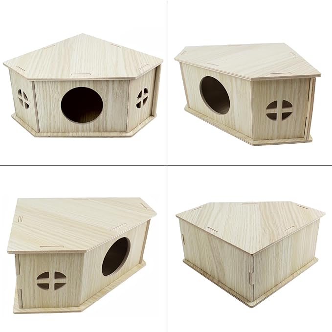 Amonk Triangle Hamster Hideout Wooden Syrian Hamster Toys 8x8x4in Small Animals Houses Exploring Toys with Hole & Windows for Young Gerbil, or Baby Mouse and Other Small Pets